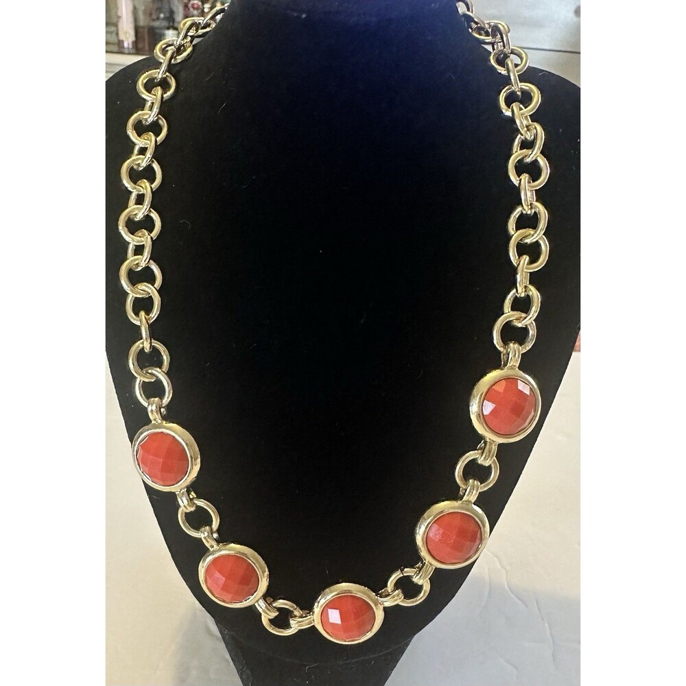 Liz Claiborne Red Orange Faceted Cabochon Gold Tone Chain Necklace